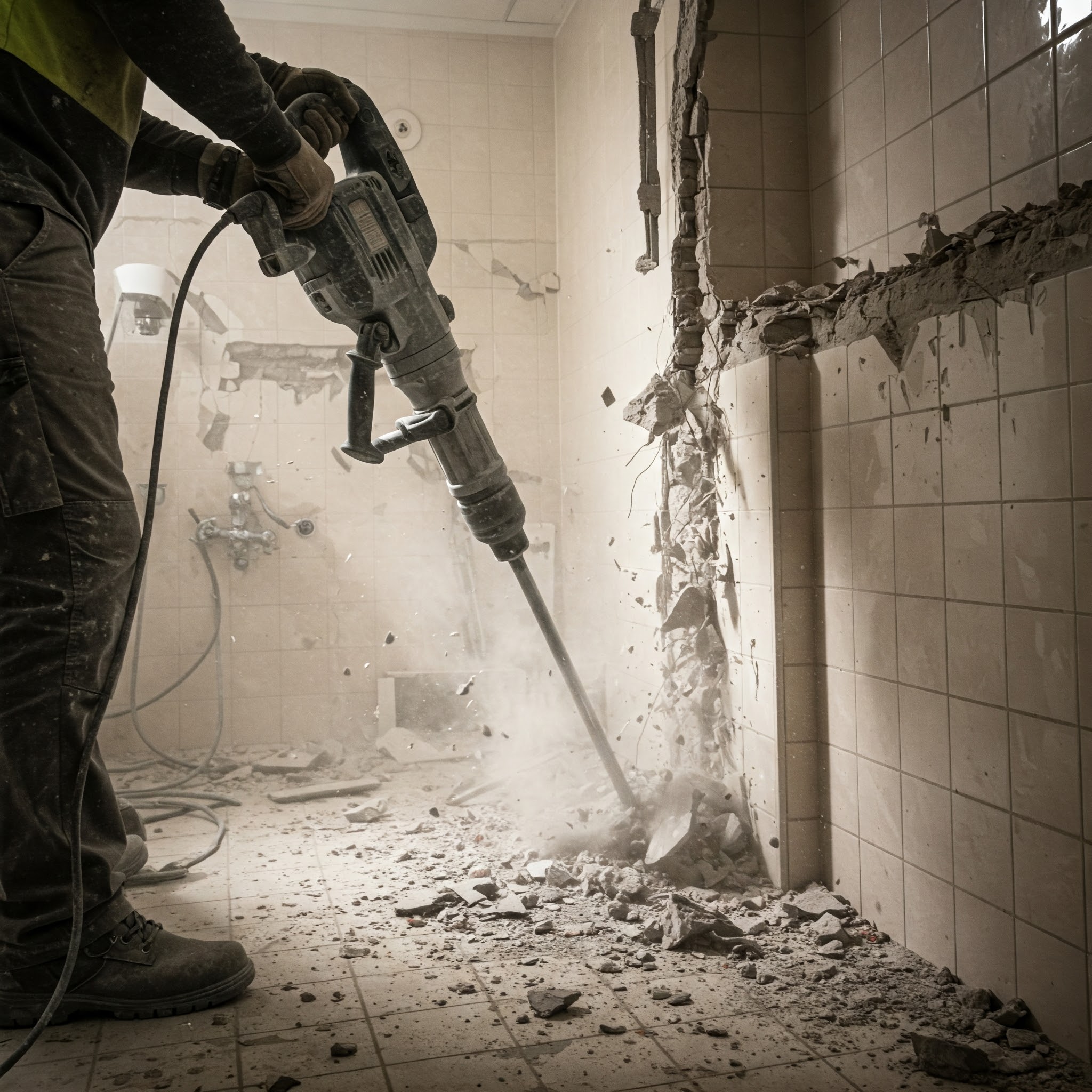 عمالقة التكسير يقومون بتكسير حمام قديم وإزالة البلاط